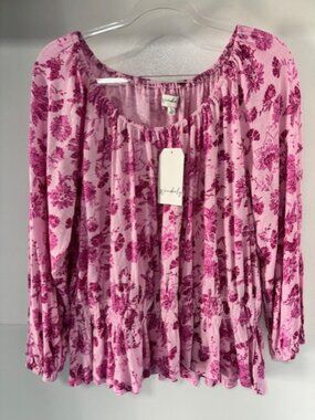 Wonderly Pink Floral Peasant Blouse L Scoop Neck Elastic Waist Boho Feminine NWT